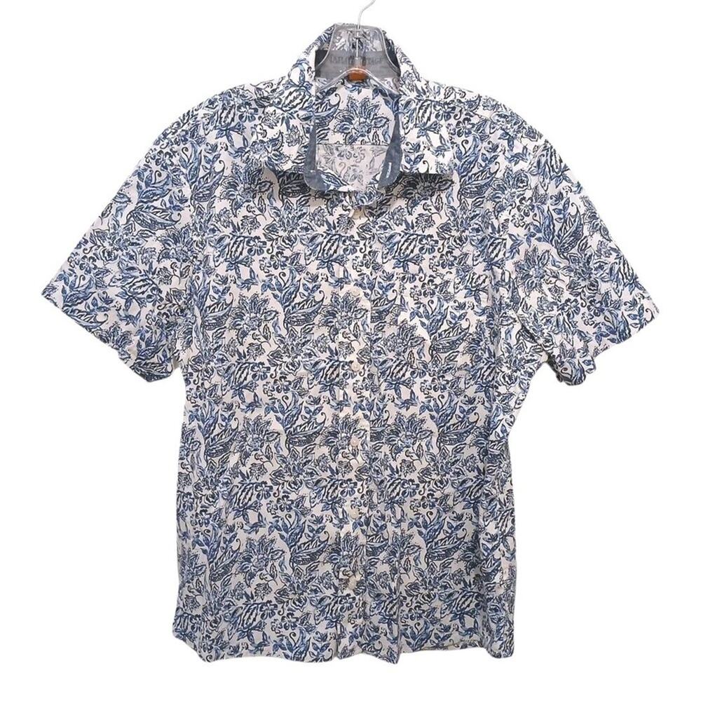 Tailor Vintage Luxe Performance Dinner Shirt L Blue White Floral Tropical Hawaii